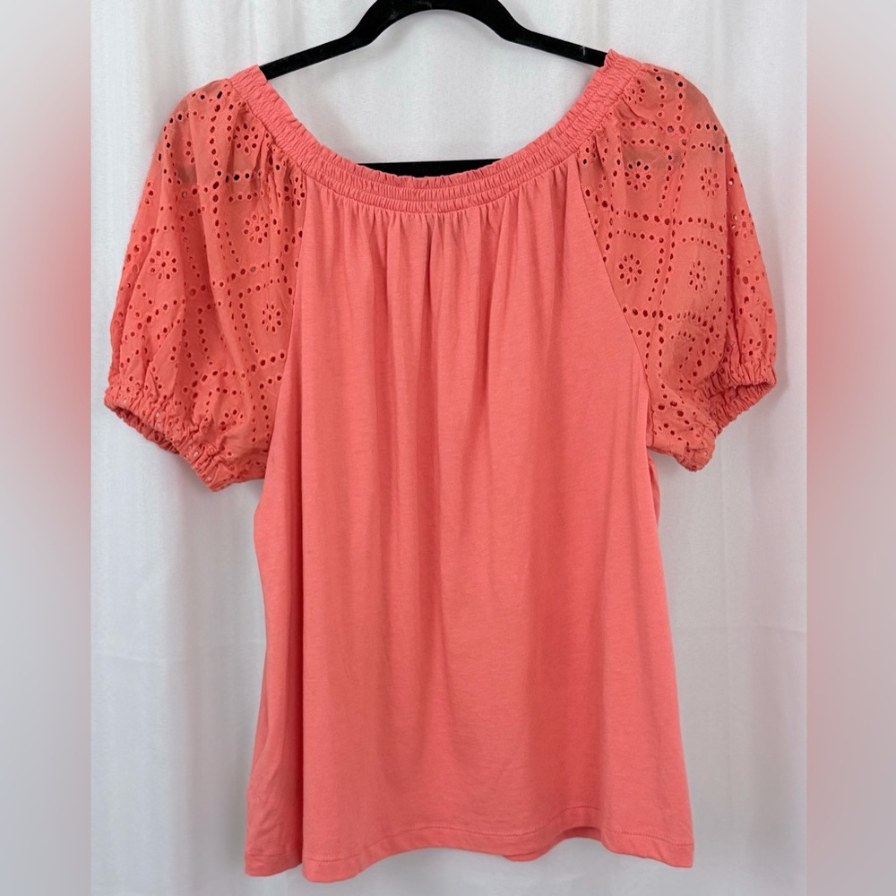Jones New York Woman’s Petite Medium Short puff Sleeve Coral Orange Top. NWT - Picture 6 of 8